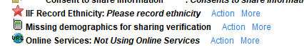 'IF Record Ethnicity: Please record ethnicity 
Action More 
Missing demographics for sharing verification 
Action More 
Online Services: Not Using Online Services 
Action More 