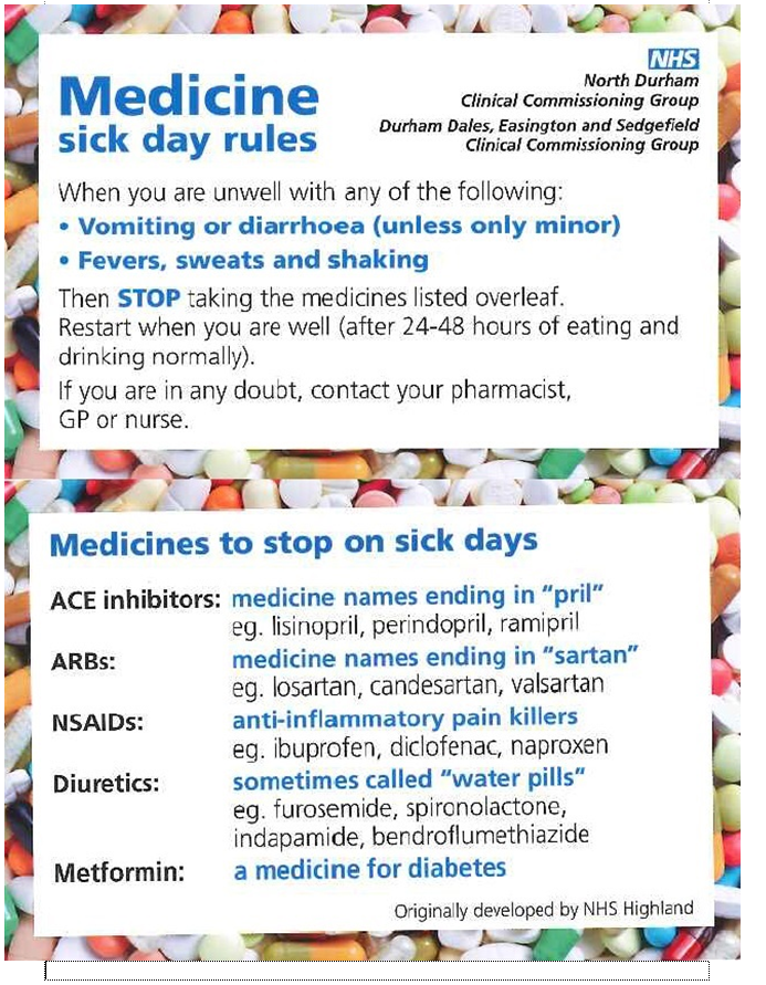 Medicine 
sick day rules 
North Durham 
Clinical Commissioning Group 
Durham Dales, Easington and Sedgefield 
Clinical Commissioning Group 
When you are unwell with any of the following: 
• Vomiting or diarrhoea (unless only minor) 
• Fevers, sweats and shaking 
Then STOP taking the medicines listed overleaf. 
Restart when you are well (after 24-48 hours of eating and 
drinking normally). 
If you are in any doubt, contact your pharmacist, 
GP or nurse. 
Medicines to stop on sick days 
ACE inhibitors: medicine names ending in "pril" 
ARBs: 
NSAlDs: 
Diuretics: 
Metformin: 
eg. lisinopril, perindopril, ramipril 
medicine names ending in "sartan" 
eg. losartan, candesartan, valsartan 
anti-inflammatory pain killers 
eg. ibuprofen, diclofenac, naproxen 
sometimes called "water pills" 
eg. furosemide, spircnolactone, 
indapamide, bendroflumethiazide 
a medicine for diabetes 