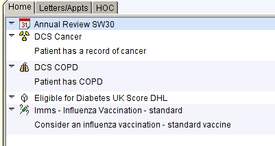 Machine generated alternative text:
Homel LettersjAppts HO 
Annual Review SW30 
DCS cancer 
Patient has a record of cancer 
46 copo 
Patient has copo 
Eligible for Diabetes UK Score DHL 
Imms- Influenza Vaccination- standard 
Consider an influenza vaccination - standard vaccine 